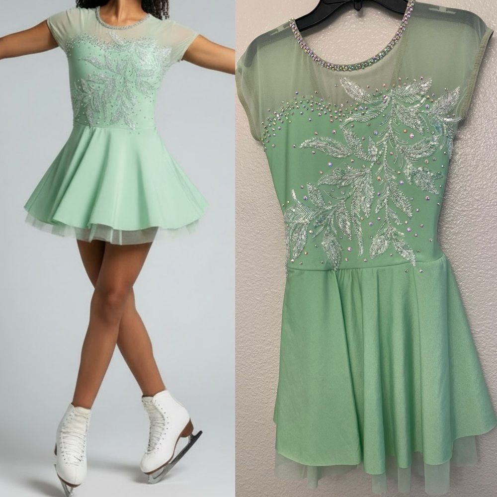 Custom solo dance ice skating ballet costume mint green pastel rhinestoned LC